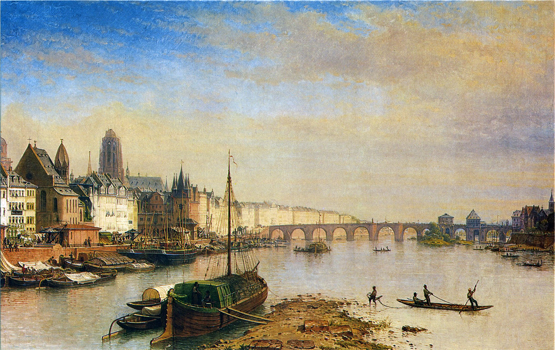 Painting of boats and trade along the River Main, with Frankfurt's waterfront and the Alte Bruecke in the distance.