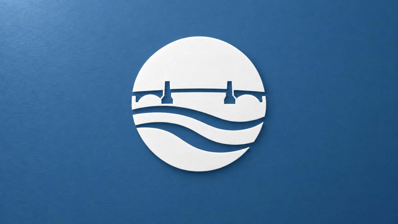 White MAIN FLOW bridge-and-river emblem on a textured blue background